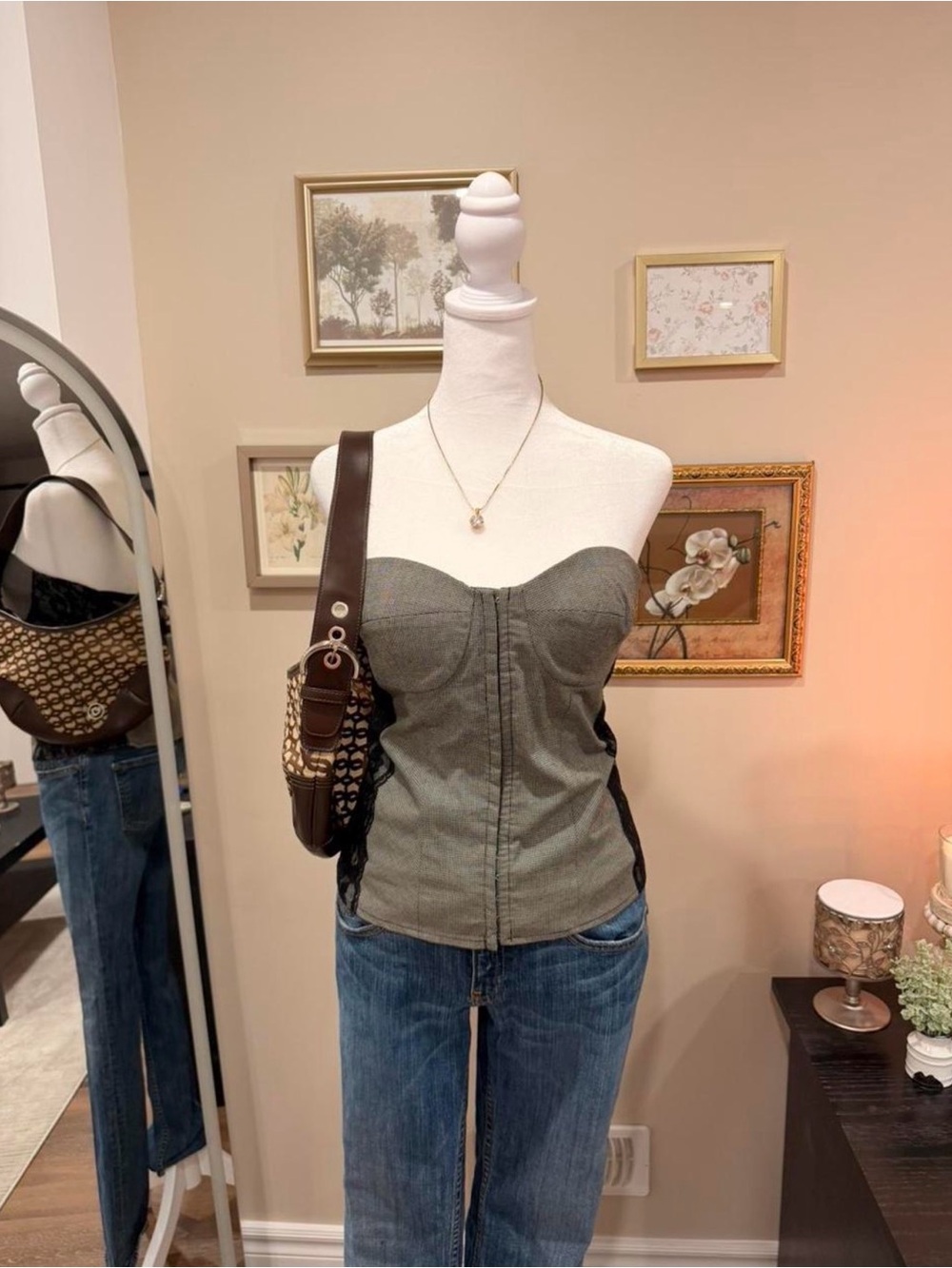 Suzy Shier Olive Strapless Bustier Top with Lace-Up Sides